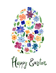 Watercolor hand-drawn illustration of an Easter egg made of flowers with leaves isolated on a white background.With the inscription happy Easter. Lots of blue,orange, red tulip buds. Happy Easter gree