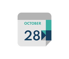 October 28 flat daily calendar date, 28 October Single Day Calendar  Icon