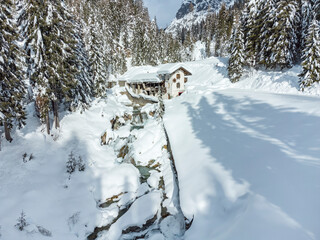 Mountain in the snow. Sappada, Geometries and panoramas from above.