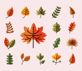 leaves line and fill style set of icons vector design