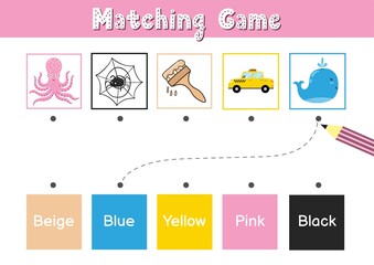 Match elements by color. Educational game for school and preschool. Sorting activity puzzle for kids - blue, yellow, pink, black, beige. Vector illustration