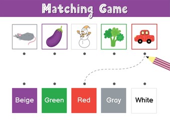 Match elements by color. Educational game for school and preschool. Sorting activity puzzle for kids - purple, green, red, gray, white. Vector illustration