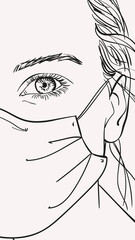 Portrait of teenage girl in medical face mask, Vector sketch hand drawn illustration half face one eye vertical banner