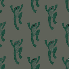 Dark zoo marine seamless doodle pattern with green froggy ornament. Grey background. Kids style.