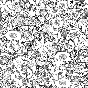 Fantasy garden seamless pattern. Doodle flowers coloring page. Black and white floral print for coloring book. Nature outline background. Vector illustration