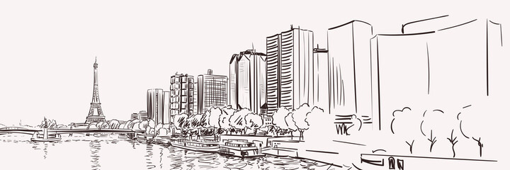 Paris Eiffel Tower and river Seine cityscape, Long poster Hand drawn illustration vector sketch © art_of_line