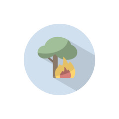 Fire and tree. Flat icon on a circle. Weather vector illustration