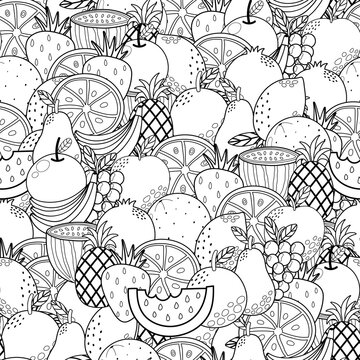 Doodle fruits black and white seamless pattern. Healthy food coloring page. Summer print for colouring book. Vector illustration