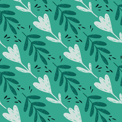 Fototapeta na wymiar Scrapbook nature seamless pattern with doodle flowers and leaves ornament. Turquoise background.