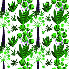 Creative seamless pattern with cartoon forest. Bright summer print with tropical leaves. Tropical pattern. Jungle exotic summer print.	