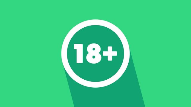 White Plus 18 movie icon isolated on green background. Adult content. Under 18 years sign. 4K Video motion graphic animation.