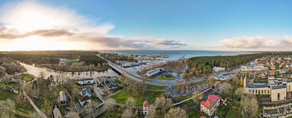 View from above to Pirita river in Tallinn, Estonia at autumn day. Drone photo, panorama