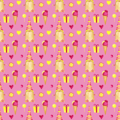Watercolor Valentine's Day seamless pattern on a pink background. Scandinavian gnomes, gifts, ice creams, buttons, and hearts endless print. Cute pink and yellow romantic digital paper. Wallpaper.