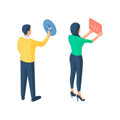 Cartoon man and woman pressing buttons of digital devices