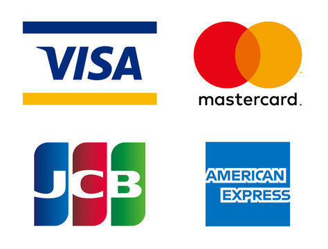 Visa, Mastercard, JCB, AMEX, logos printed on white paper.
クレジットカードロゴ