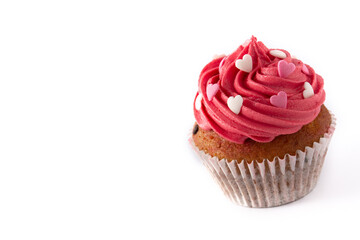 Cupcake decorated with sugar hearts for Valentine's Day isolated on white background.Copy space