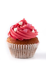 Cupcake decorated with sugar hearts for Valentine's Day isolated on white background