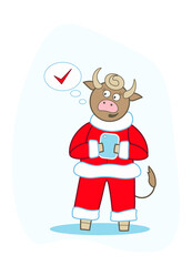 Bull with phone in Santa costume, online shopping, positive decision, new year symbol, vertical