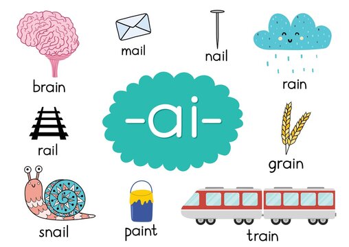 Ai Digraph With Words Educational Poster For Kids. Learning Phonics For School And Preschool. Phonetic Worksheet. Vector Illustration