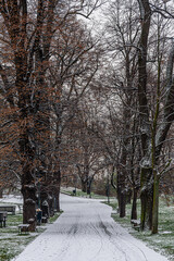 Historical center of Prague covered in the first snow of the winter.