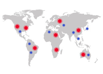 World map with location coronavirus, grey template. Epidemic virus on earth, globe, worldmap. Vector