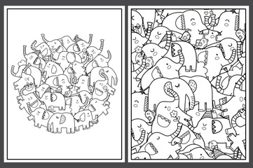 Coloring pages set with cute elephants. Doodle safari animals templates in US Letter format for coloring book. Collection with black and white colouring pages for adults and kids. Vector illustration