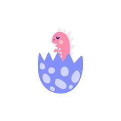 Cute baby dinosaur in the egg shell. Funny little dino calling his mother. Prehistoric animal hatched from an egg clipart element. Vector illustration 