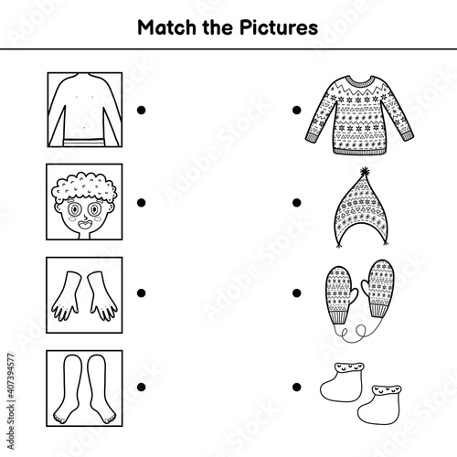 clothes and body parts matching game for kids join each picture of clothing to part of body in which it is worn black and white worksheet and coloring page vector illustration activity