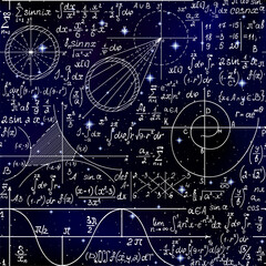 Scientific vector seamless backround with handwritten mathematical formulas, figures, calculations over the starry space sky
