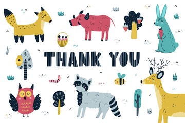 Obraz premium Thank you card with cute forest animals. Woodland characters background in Scandinavian style with hand drawn lettering. Funny greeting card. Vector illustration
