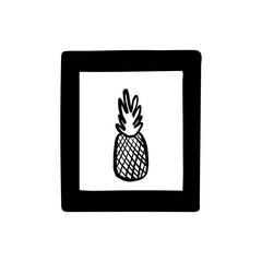 Doodle illustration picture in a frame, Poster with pineapple in black. Photo frame. Design element for label, menu, advertising, office design
