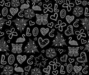Valentine vector seamless decorative texture with handwritten swans, hearts and the words of love