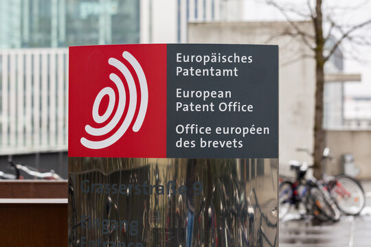 Munich, Bavaria / Germany - Jan 21, 2020: Sign at the entrance of the European Patent Office headquarters in Munich (EPO)