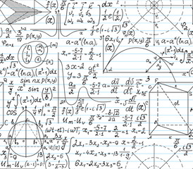Math vector seamless background with handwritten formulas on a linear copybook paper