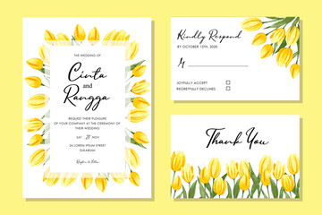 Wedding invitation with tulip flowers, leaves, watercolor, isolated on white. Sketched wreath,
 floral and herbs garland with green, greenery color. 