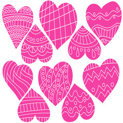 Set of pink prints of hearts with curls and stripes, valentines for the holiday