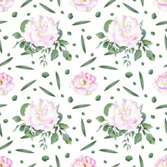 Seamless watercolor floral pattern with pink and white roses and eucalyptus leaves. Botanical illustration for textile and wedding decor