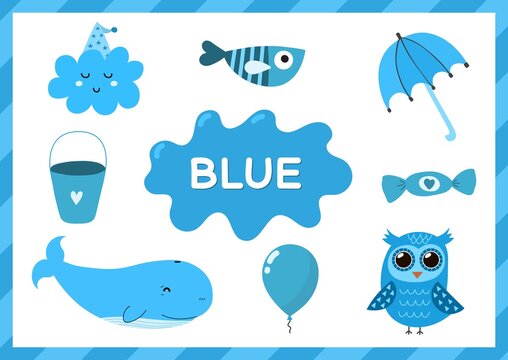 Blue. Educational worksheet for kids. Learning the color blue set. Activity page with main color for toddlers. Vector illustration