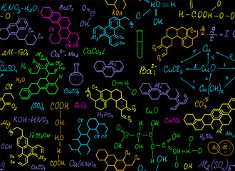 Colorful scientific vector seamless pattern with multicolored handwritten chemistry plots and formulas - 407396518