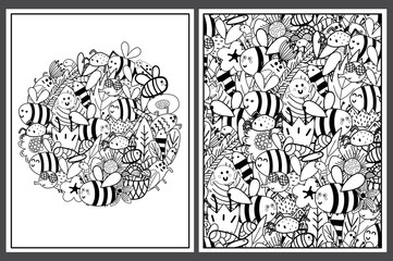 Coloring pages set with cute bees. Doodle insects templates for coloring book. Collection with black and white colouring pages for adults and kids. Vector illustration