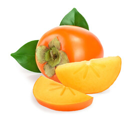 Persimmon fruit with slices isolated on white background close-up