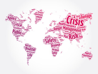 CRISIS word cloud in shape of world map, concept background