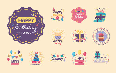 twelve badges happy birthday with decoration
