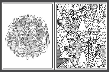 Coloring pages set with cute Christmas trees. Doodle winter templates for coloring book. Collection with black and white colouring pages for adults and kids. Vector illustration