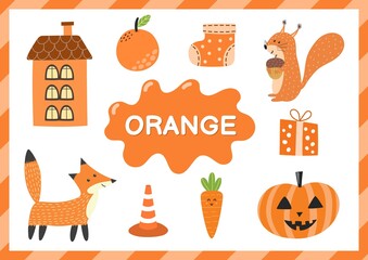 Fototapeta premium Orange. Educational worksheet for kids. Learning the color orange set. Activity page with main color for toddlers. Vector illustration