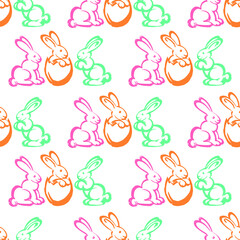 Vector easter seamless pattern : cute multicolor rabbits and parts of eggs. Nice spring childish design for textile , wrapping paper, notebook cover.