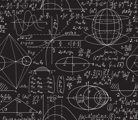 Math scientific vector seamless pattern with handwritten figures, calculations and equations written with chalk on a blackboard 