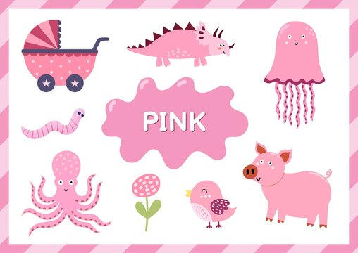 Pink. Educational worksheet for kids. Learning the color pink set. Activity page with main color for toddlers. Vector illustration