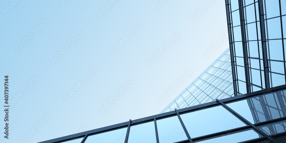 Aufkleber Low angle view of futuristic architecture, Skyscraper office building with cloud reflected on window, 3D rendering.