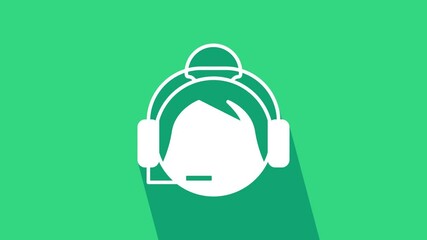 White Woman with a headset icon isolated on green background. Support operator in touch. Concept for call center, client support service. 4K Video motion graphic animation.